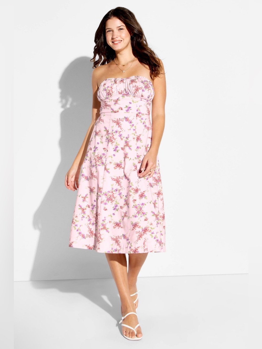 Wild Fable Fit and Flare Babydoll Midi A-Line Strapless Pink Floral Midi Dress S - Picture 1 of 12